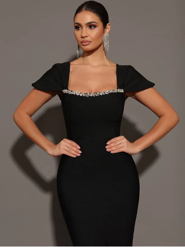 Glamorous Square Collar Diamond Maxi Dress