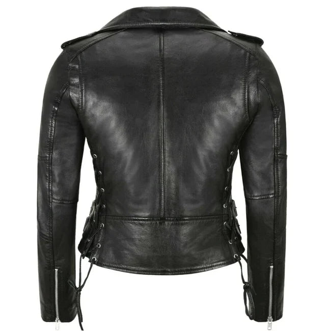 Side Lace Women's Black Leather Jacket
