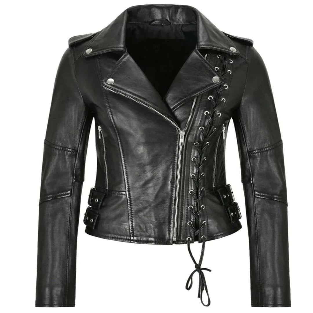 Side Lace Women's Black Leather Jacket