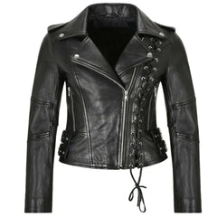 Side Lace Women's Black Leather Jacket