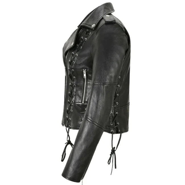 Side Lace Women's Black Leather Jacket