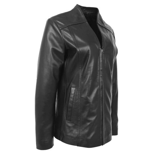 V Neckline Collarless Women's Classic Leather Blazer
