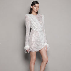 White Sequined Women's Feathers Dress