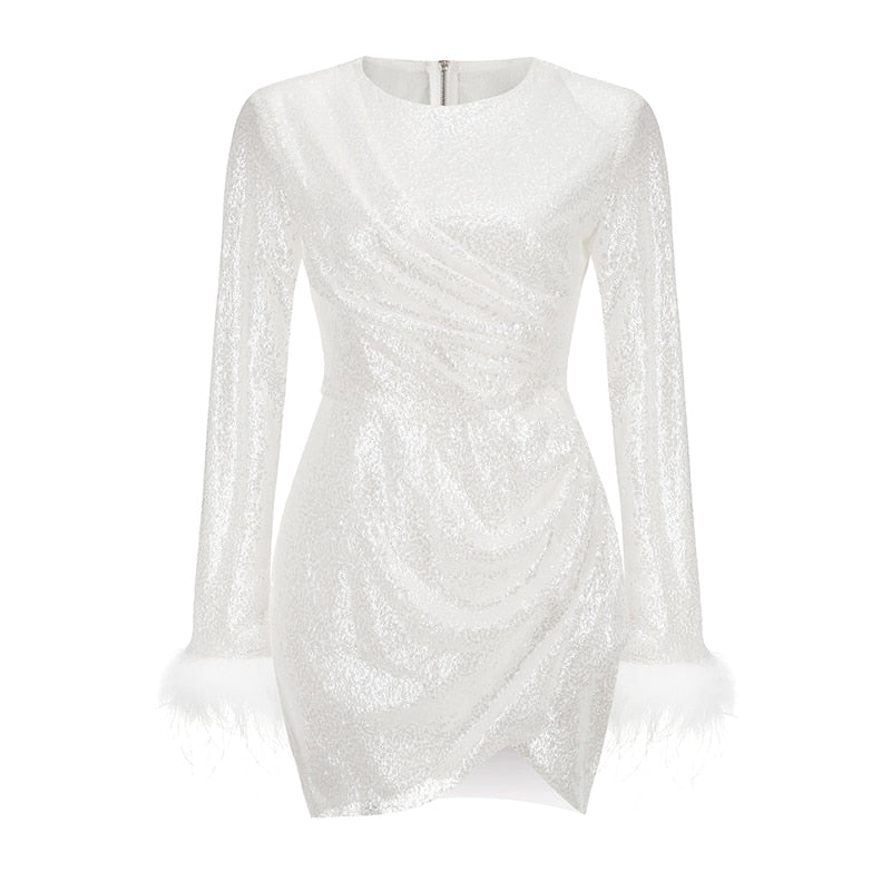 White Sequined Women's Feathers Dress