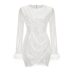 White Sequined Women's Feathers Dress