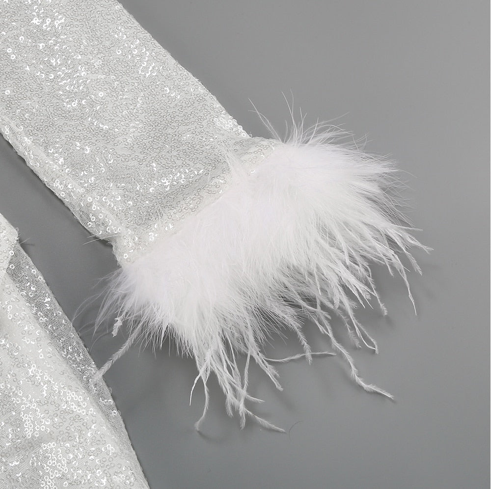 White Sequined Women's Feathers Dress