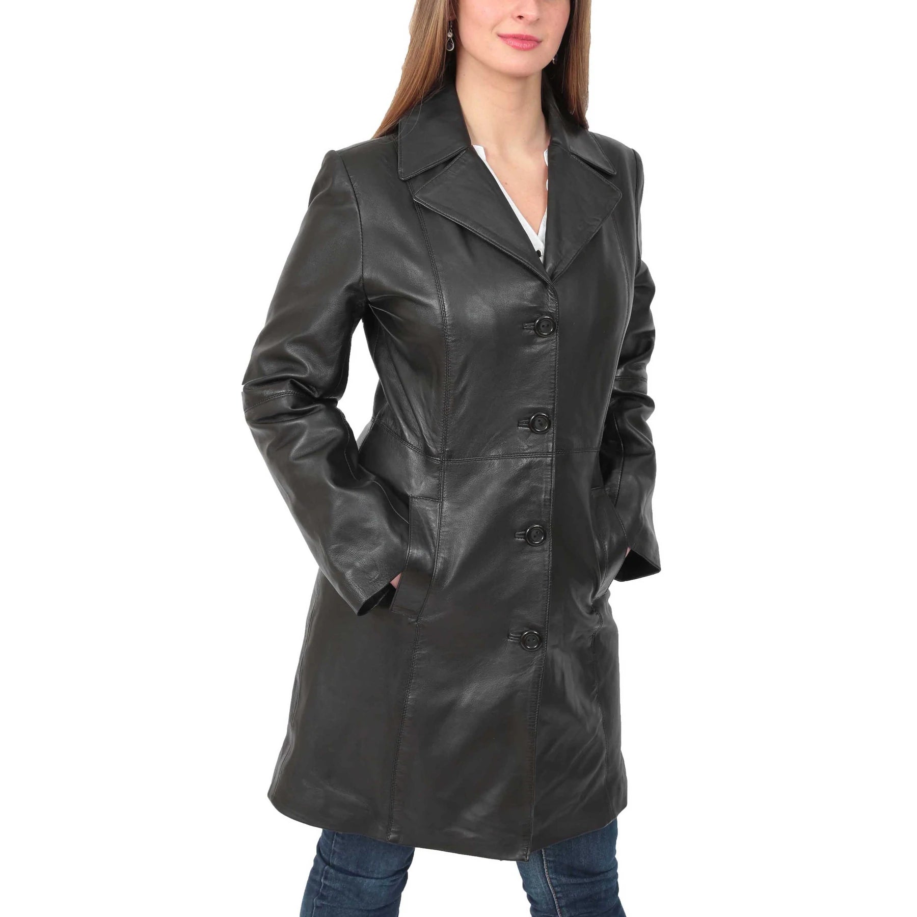 Women's 3/4 Length  Button Fasten Leather Coat
