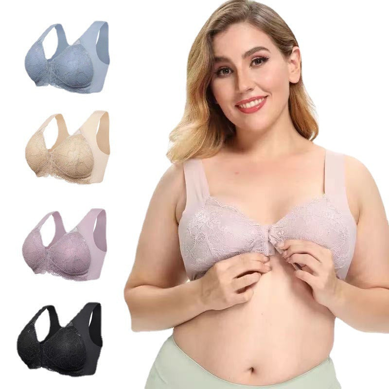 Plus Size Lace Wide Straps Wireless Bra Front Closure Push Up Bras