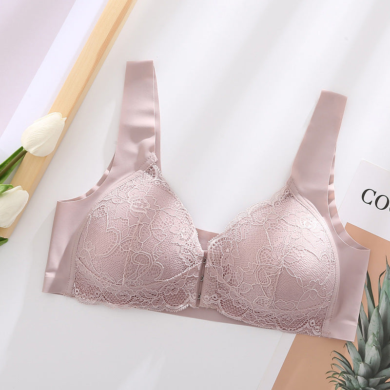 Plus Size Lace Wide Straps Wireless Bra Front Closure Push Up Bras