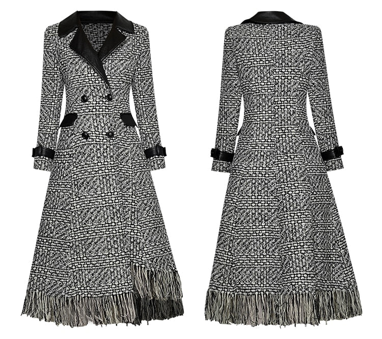 Woolen Plaid Double Breasted Asymmetric Tassel Overcoat