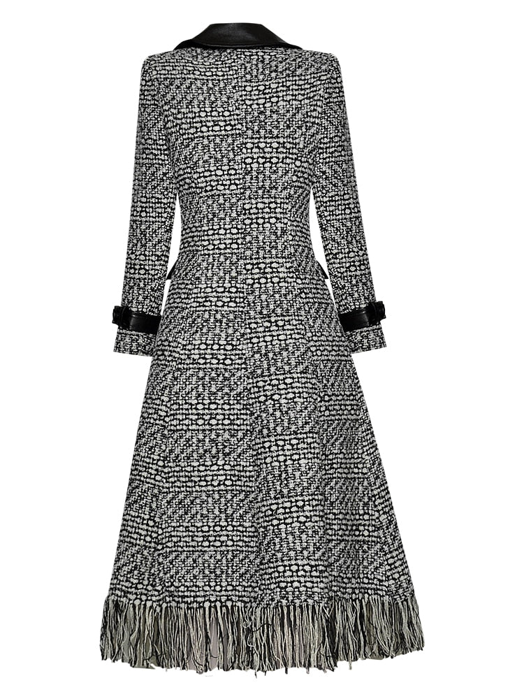 Woolen Plaid Double Breasted Asymmetric Tassel Overcoat