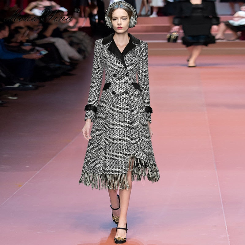 Woolen Plaid Double Breasted Asymmetric Tassel Overcoat