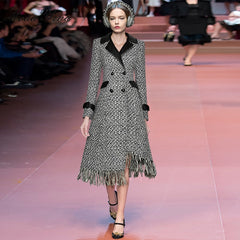 Woolen Plaid Double Breasted Asymmetric Tassel Overcoat
