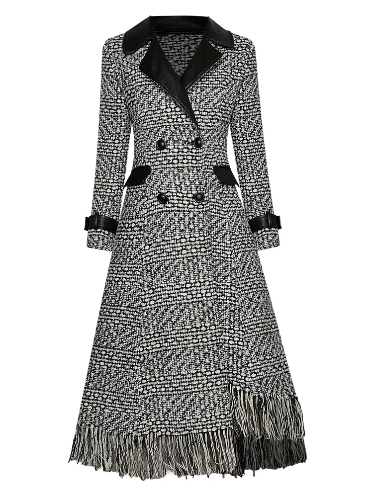 Woolen Plaid Double Breasted Asymmetric Tassel Overcoat