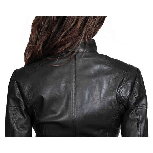 Zip Up Fitted Biker Women's Sheepskin Leather Jacket