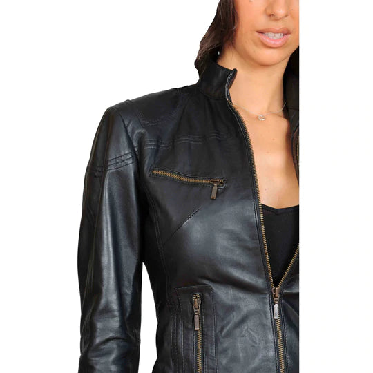 Zip Up Fitted Biker Women's Sheepskin Leather Jacket