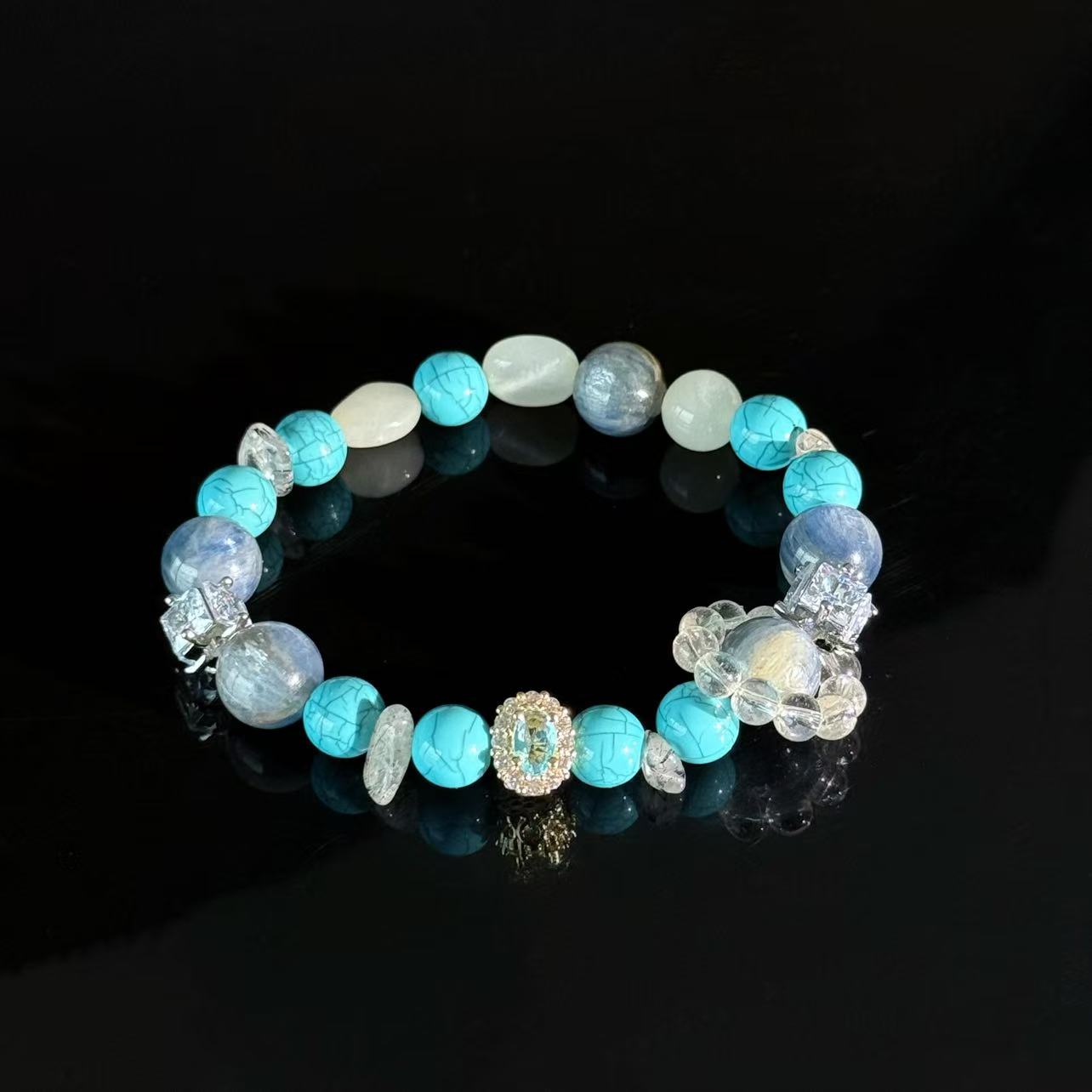 Turquoise, Kyanite, and Clear Quartz Bracelet — Handcrafted Healing Gemstone Bracelet
