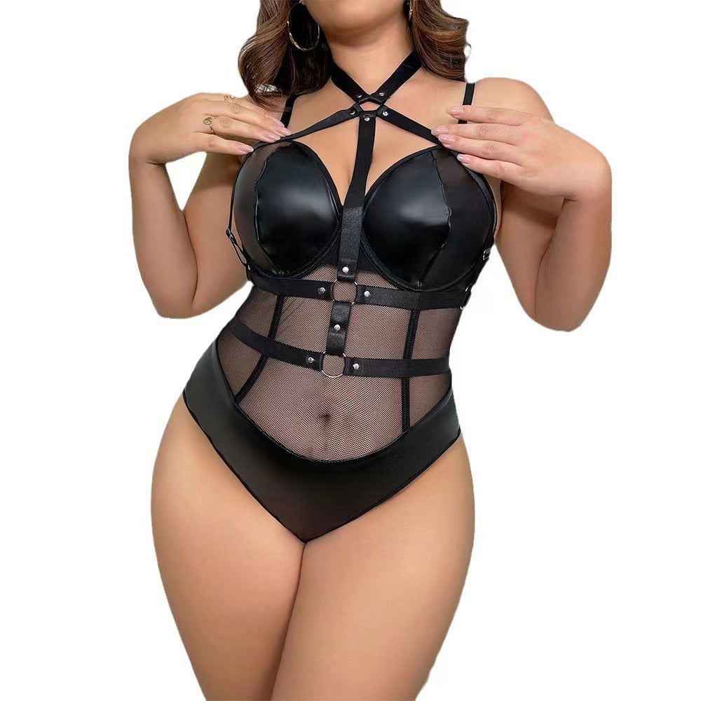 Mesh Plus-Size Mesh Hollow-Out Erotic Lingerie Tight Bodysuit Set