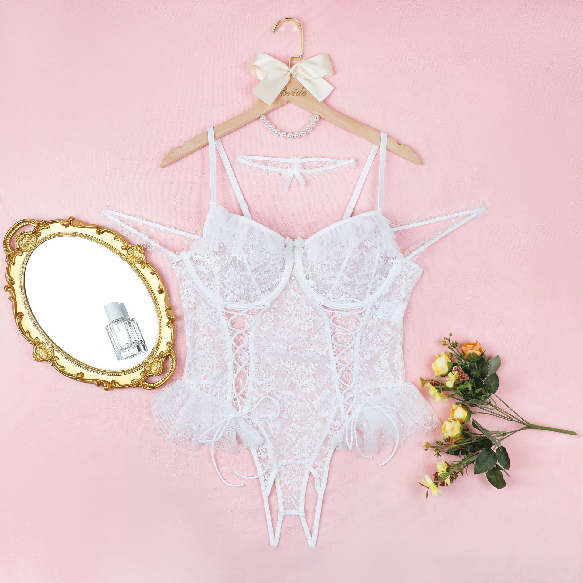 Plus - Size Lingerie One - piece Halter Pajama Set Transparent Lace Set