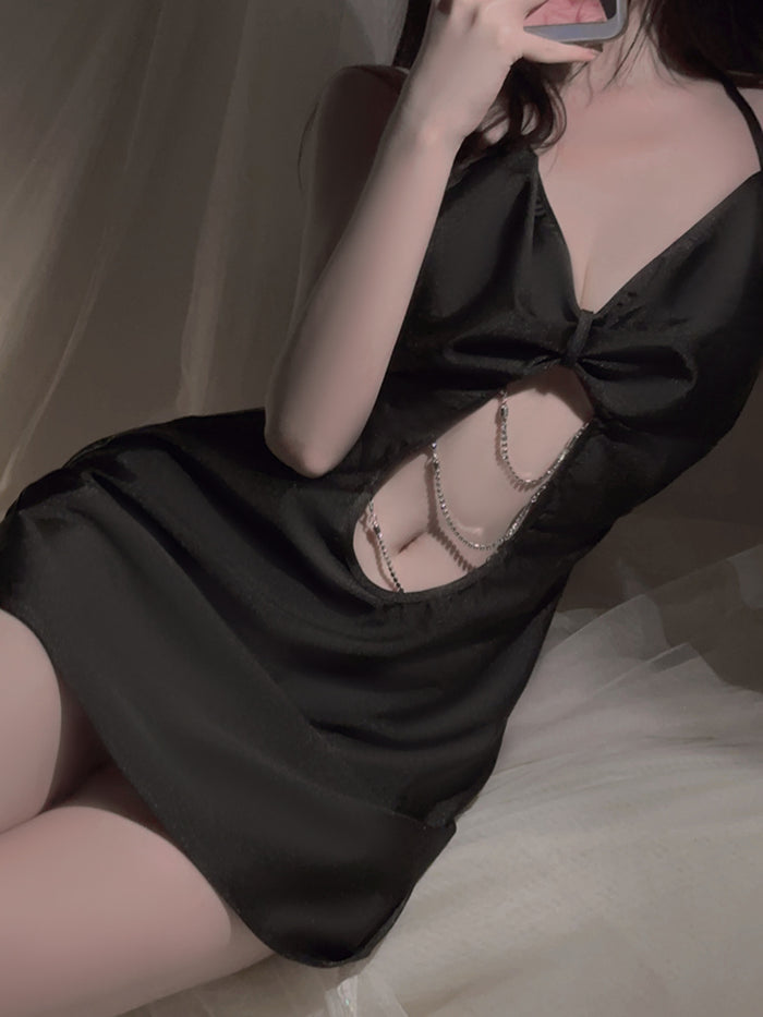 Deep V Halter Neck Chain Satin Nightdress