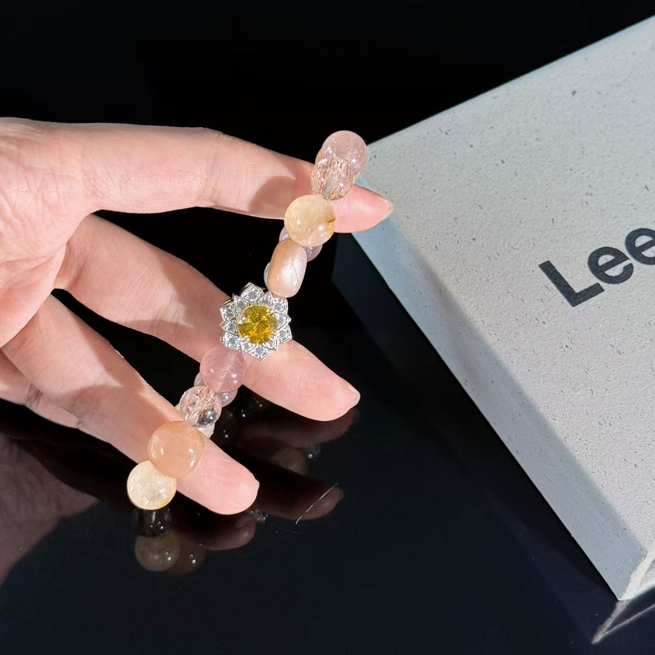 Sunstone, Rose Quartz Citrine Crystal Bracelet – Handmade Healing Beaded Bracelet with Floral Charm