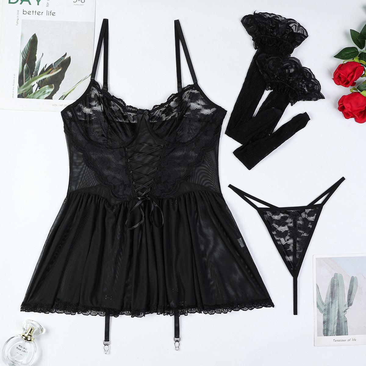 Lace Band Cross Suspenders Mesh See-through Dress Suit