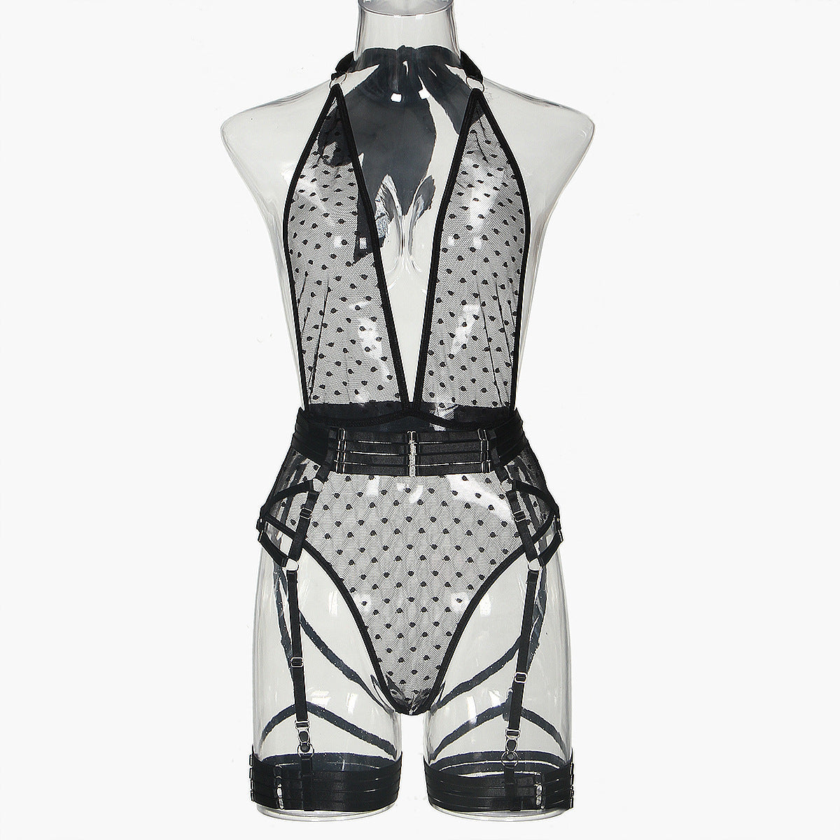 Dot Mesh Deep V Lace-up Halterneck Jumpsuit Five-Piece Suit