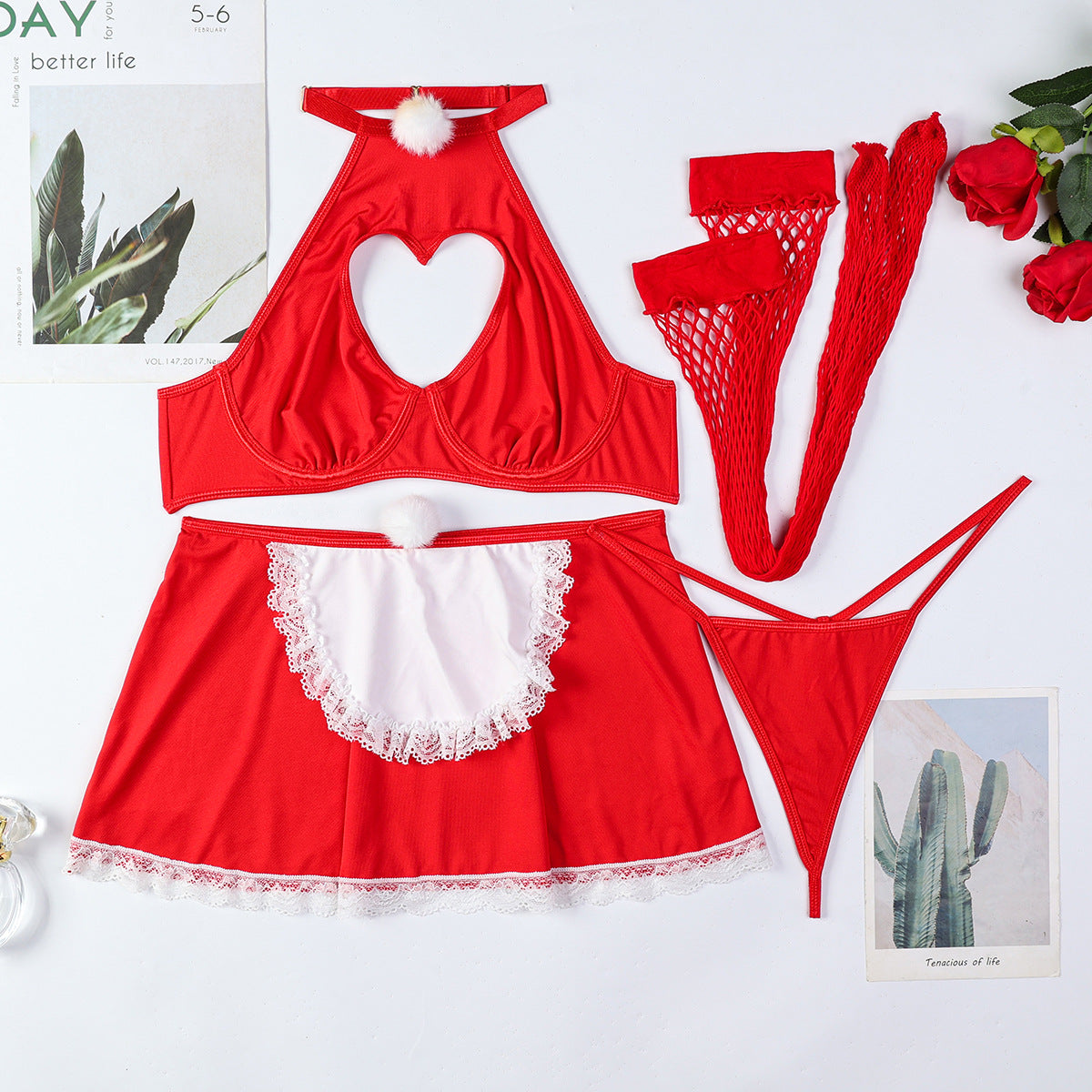 Christmas Red Maid Outfit Halter-neck Heart-shaped Hollow-out Erotic Four-piece Set