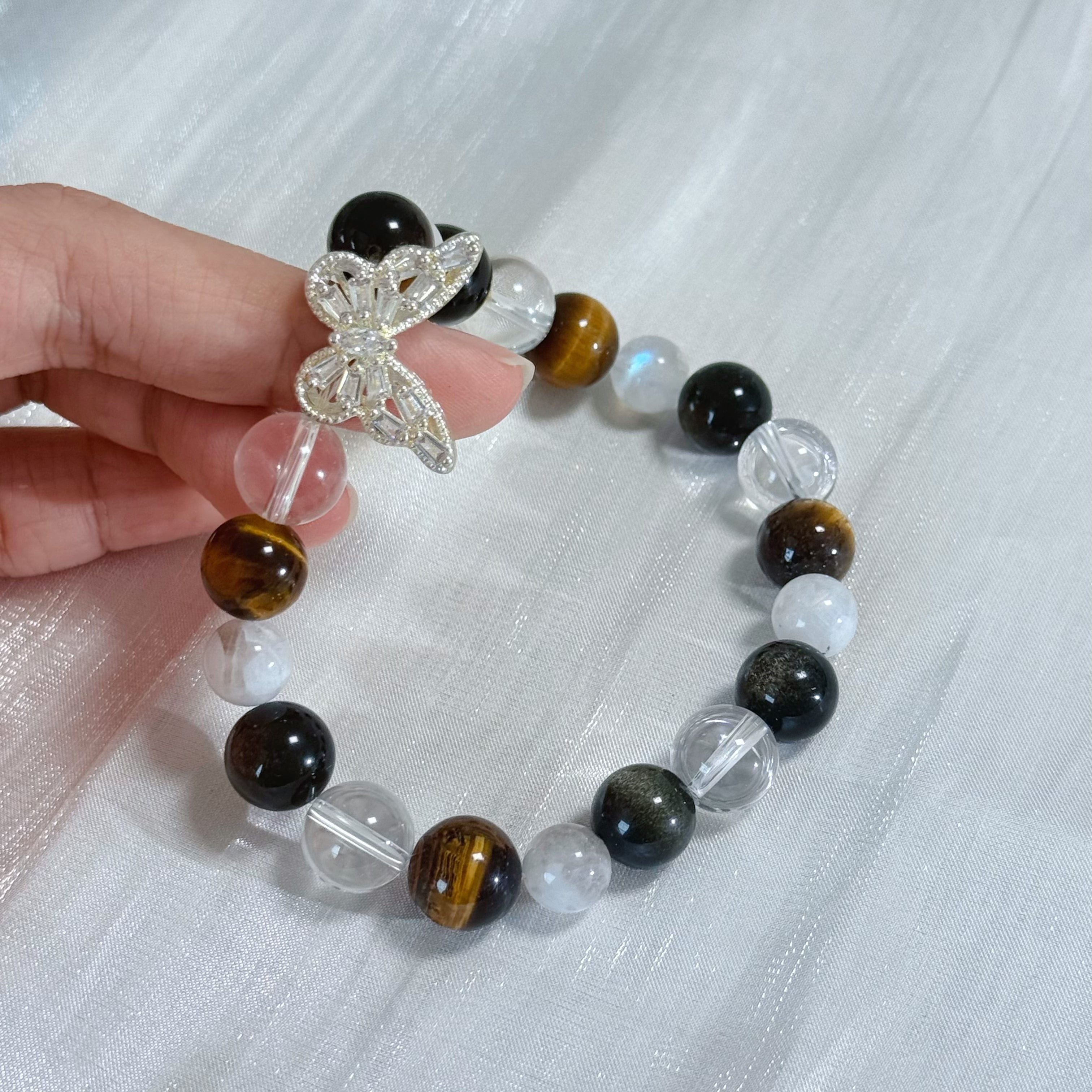 Tiger Eye Obsidian Clear Quartz Butterfly Charm Bracelet