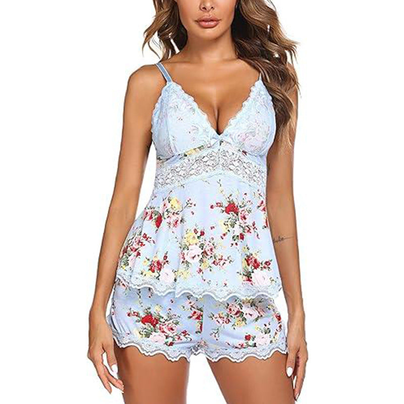 Flower V-neck Strap Lingerie Lace Edge Pajamas Suit