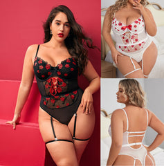 Plus Size Shapewear One-piece with Garter Belt Set Transparent Lace Lingerie Set
