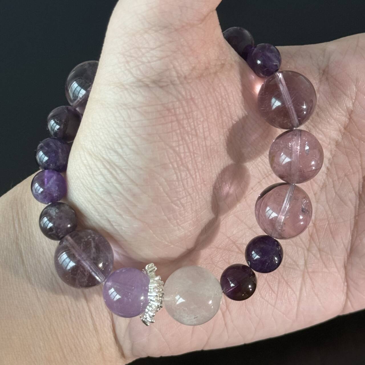 Amethyst and Lavender Quartz Crystal Bracelet – Handmade Purple Gemstone Elastic Bracelet