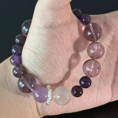 Amethyst and Lavender Quartz Crystal Bracelet – Handmade Purple Gemstone Elastic Bracelet