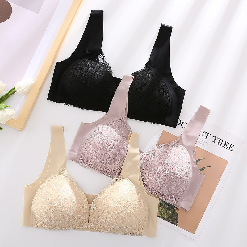Plus Size Lace Wide Straps Wireless Bra Front Closure Push Up Bras
