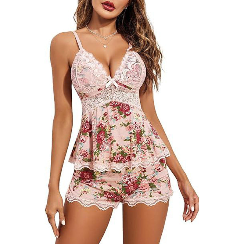 Flower V-neck Strap Lingerie Lace Edge Pajamas Suit