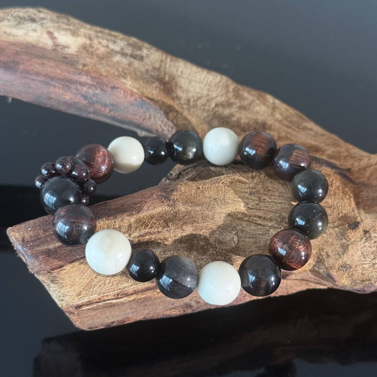Obsidian, Red Jasper, and White Jade Bracelet — Healing Crystal Bracelet, Symbolizing Protection