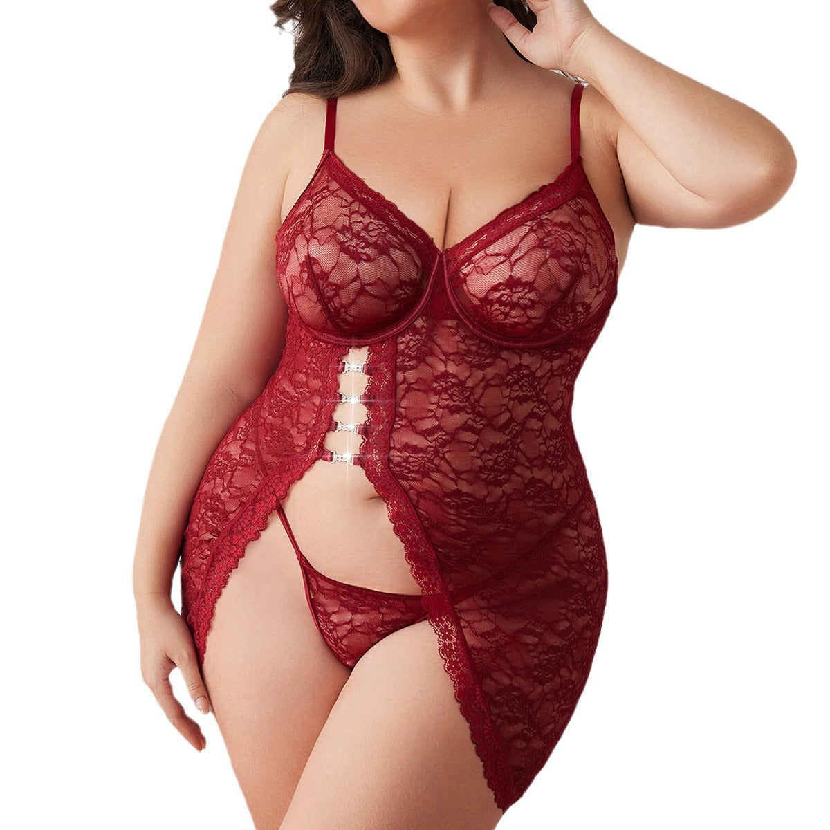 Large Size Lace Transparent Set with Suspender Slit Style Lingerie Two Piece Set