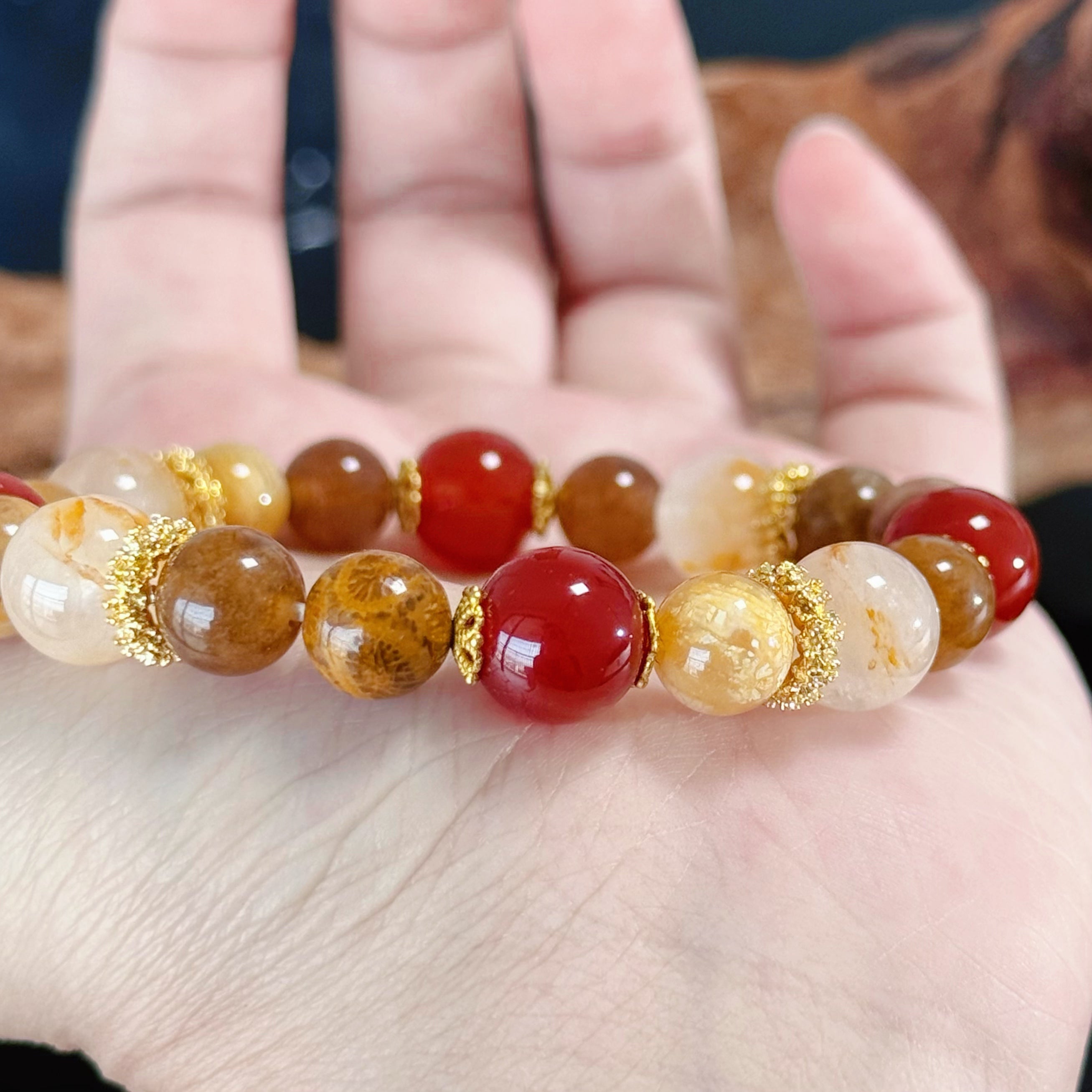 Handmade Multi Stone Crystal Bracelet | Red Agate & Golden Rutilated Quartz Healing Stretch Bracelet
