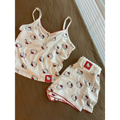 Kitten Print Suspender Pajama Shorts Set