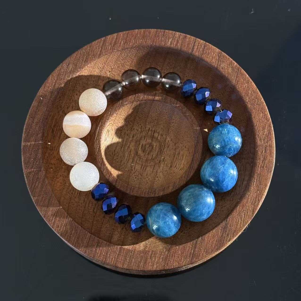 Handcrafted Blue Apatite & Frosted Agate Crystal Bracelet — White Crystal & Faceted Glass Bead Energy Healing Bracelet