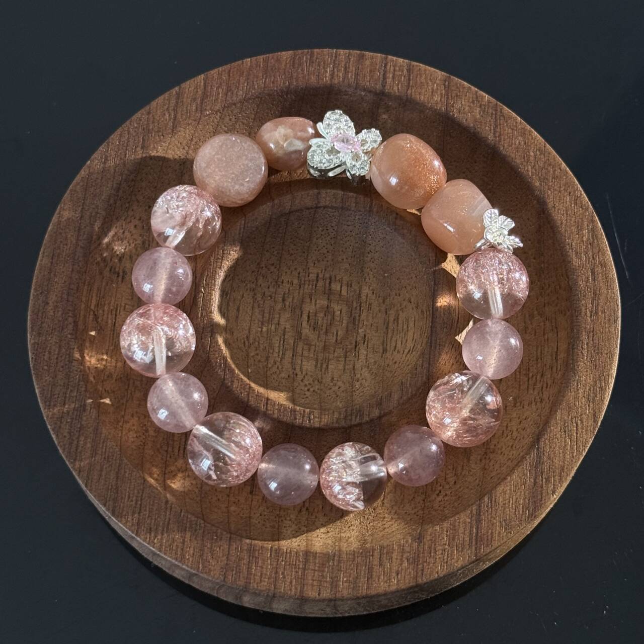 Pink Strawberry Quartz and Rose Crystal Bracelet – Handmade Gemstone Elastic Bracelet