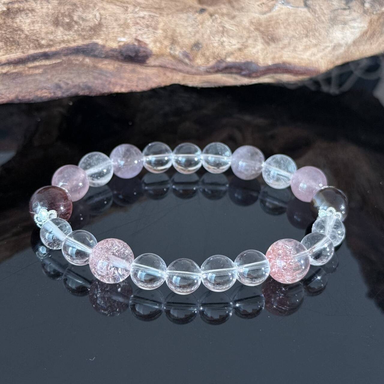 Handcrafted White Crystal & Pink Cracked Crystal Bracelet — A Healing Beaded Bracelet Promoting Love Clarity and Balance