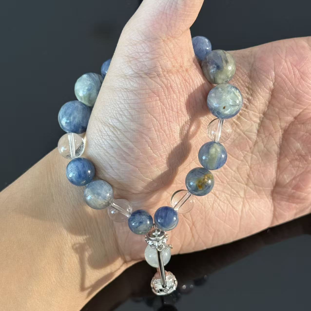 Blue Kyanite & Clear Quartz Crystal Bracelet with Pendant Charm – Handmade Calming Energy Beaded Bracelet