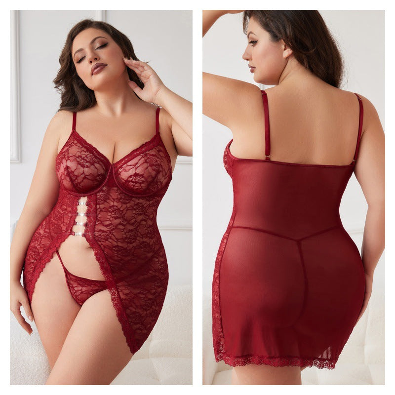 Large Size Lace Transparent Set with Suspender Slit Style Lingerie Two Piece Set