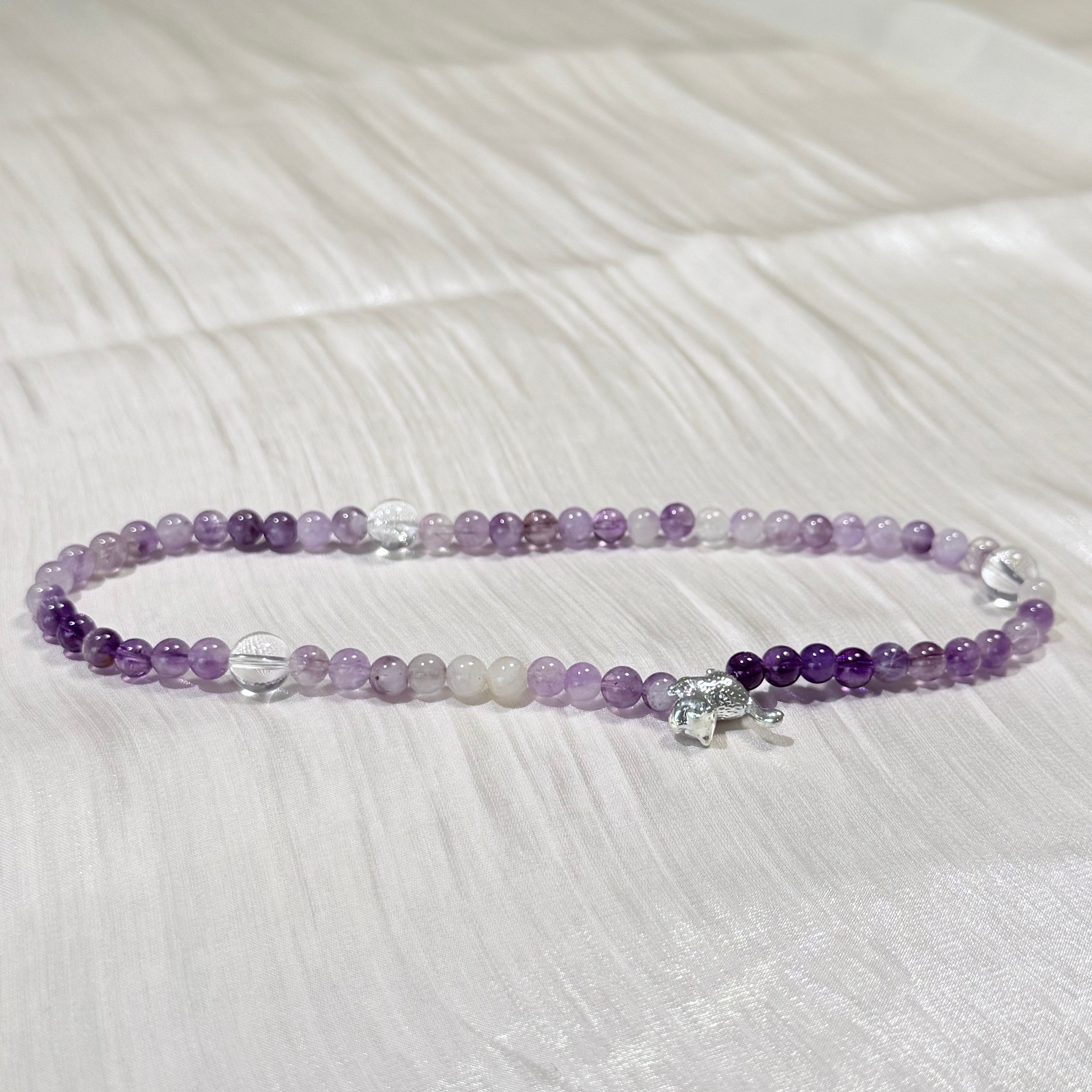 Amethyst & Clear Quartz Bracelet with Silver Cat Charm