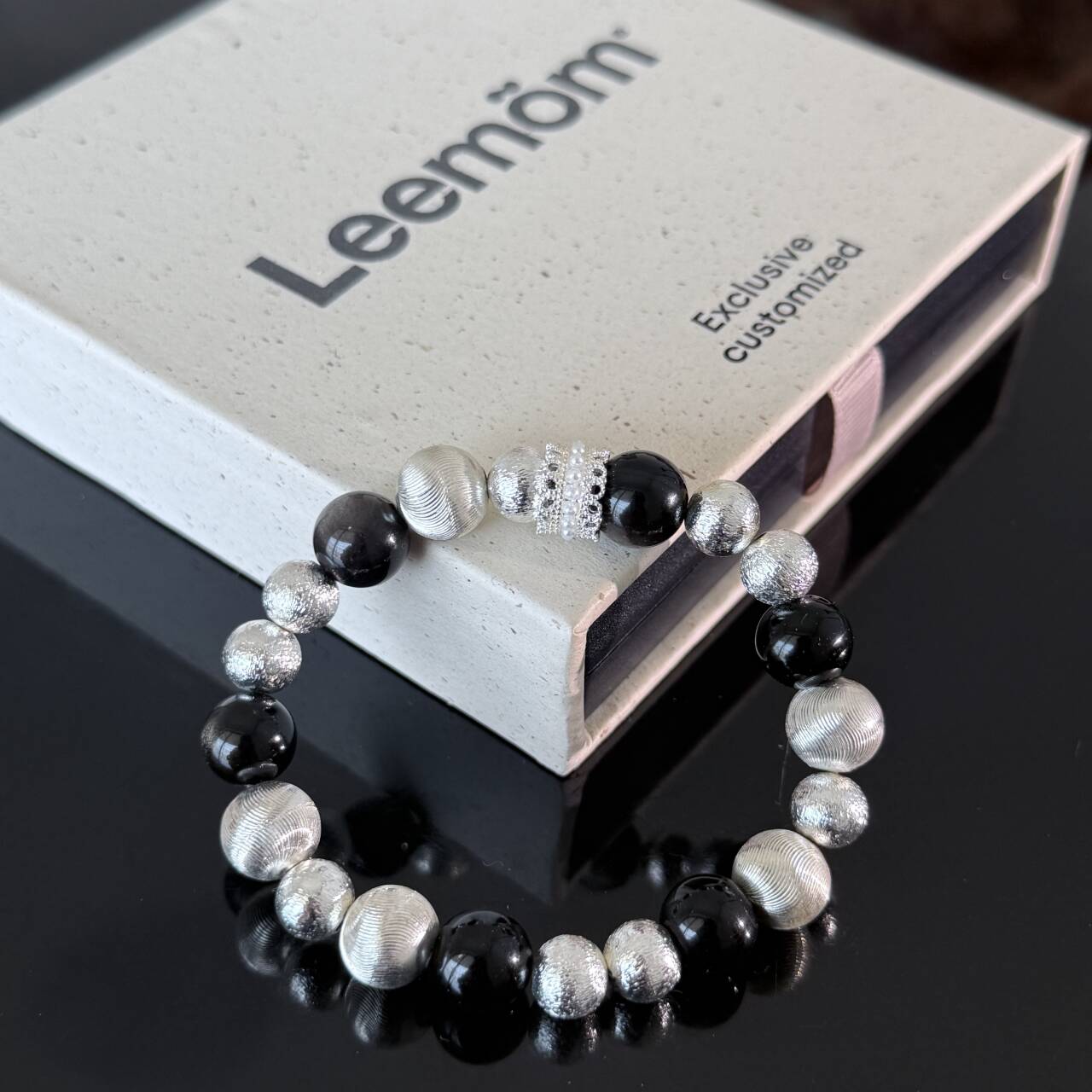 Handcrafted Black Onyx and Textured Silver Bead Bracelet — Luxurious Stretch Crystal Bracelet Adorned with Rhinestone Accents