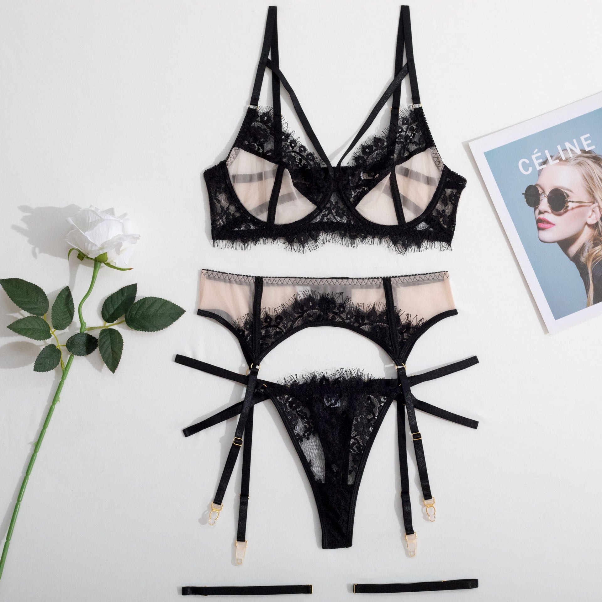 Mesh Stitching Lace Garter Lingerie Fun Suit