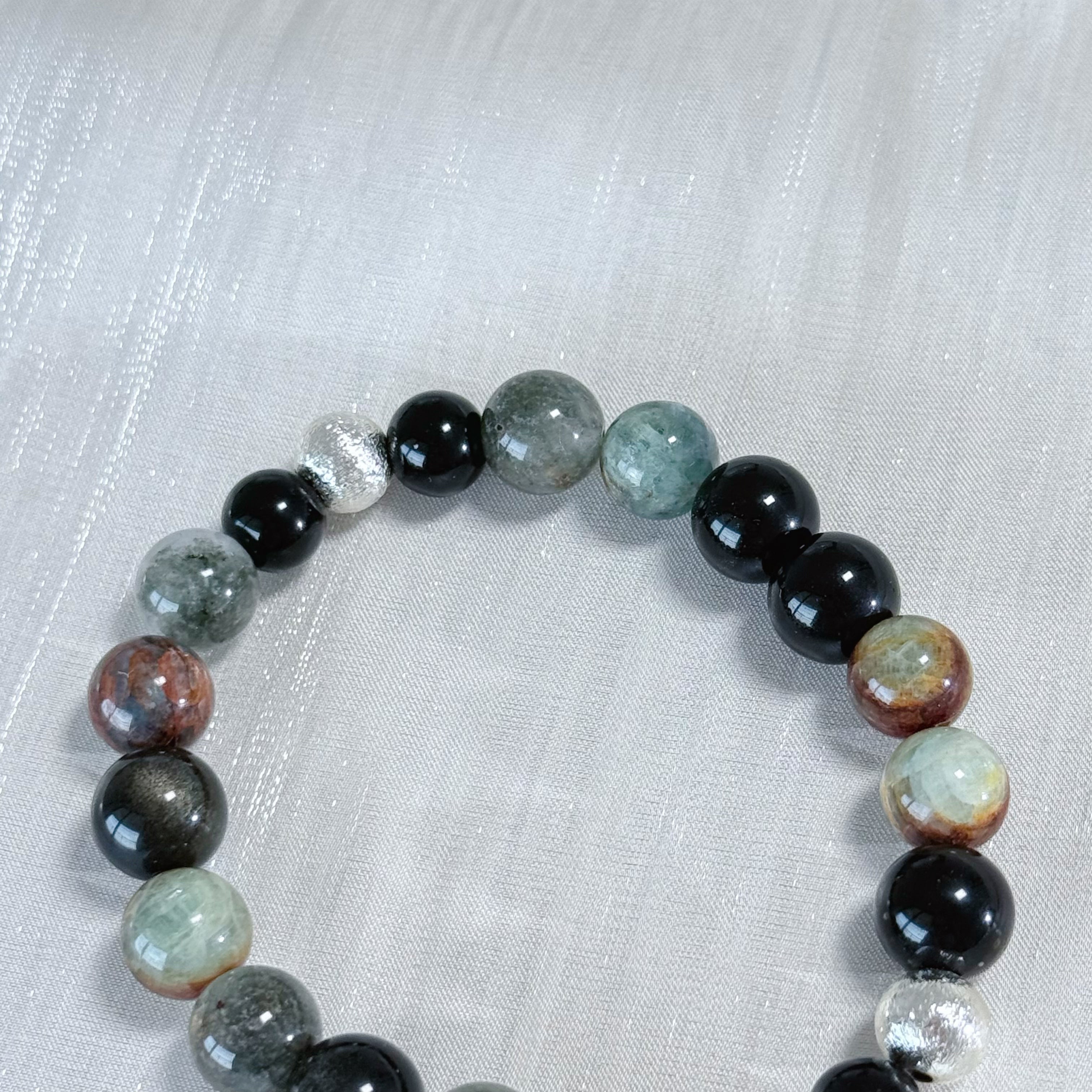 Natural Obsidian & Phantom Quartz Multi-Stone Bracelet | Grounding & Protection Crystal Jewelry