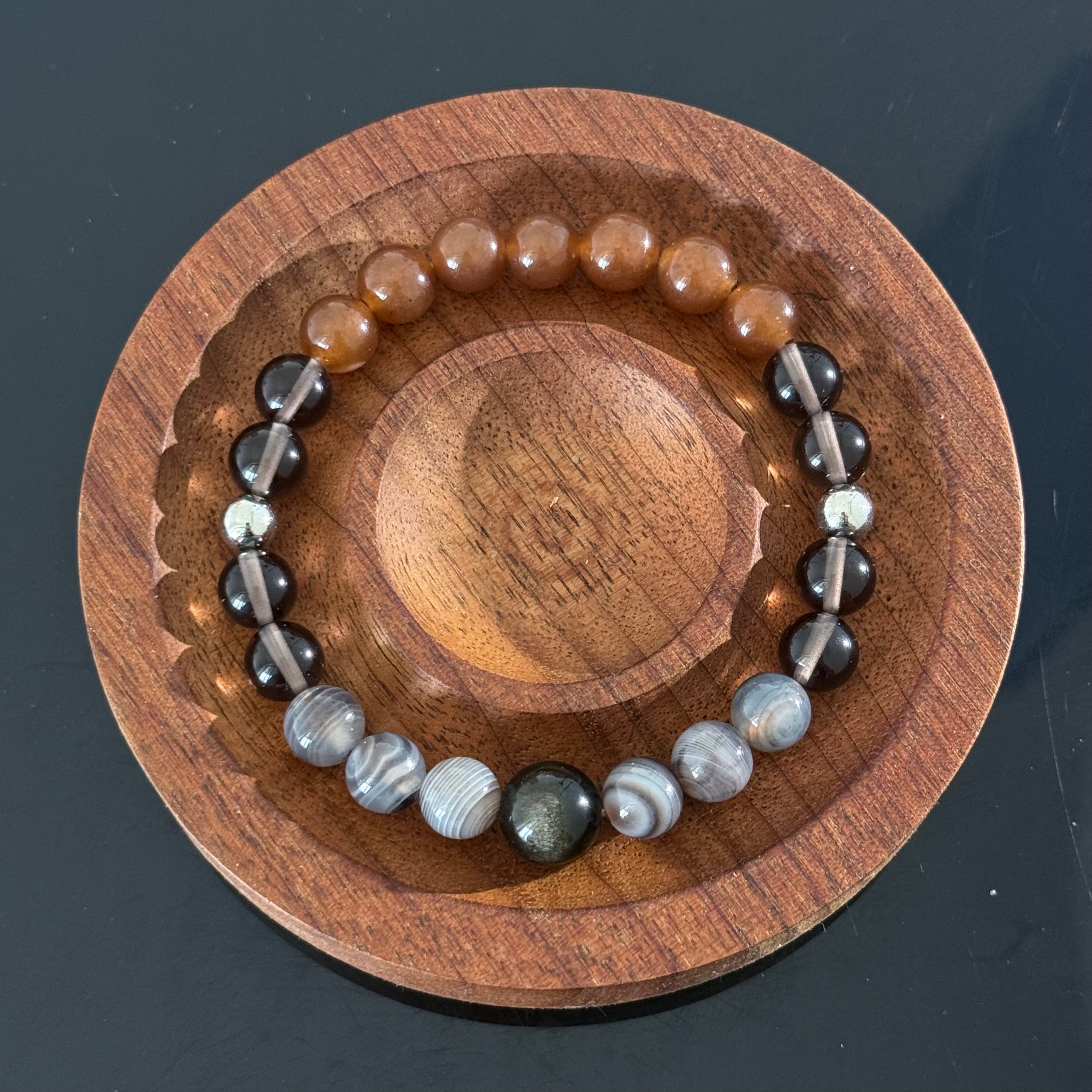 Sunstone, Black Agate & Clear Quartz Crystal Bracelet – Confidence, Protection & Energy Balance Gemstone Beaded Bracelet | Handmade Healing Jewelry