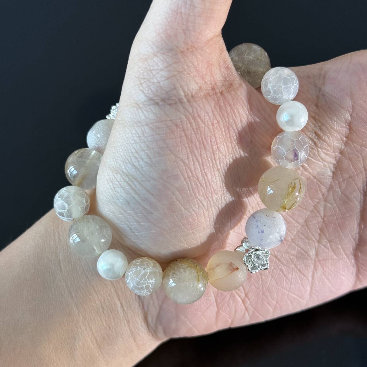 Handcrafted Natural Titanium Quartz & Frosted Agate Bracelet — White Crystal Healing Beaded Stretch Bracelet